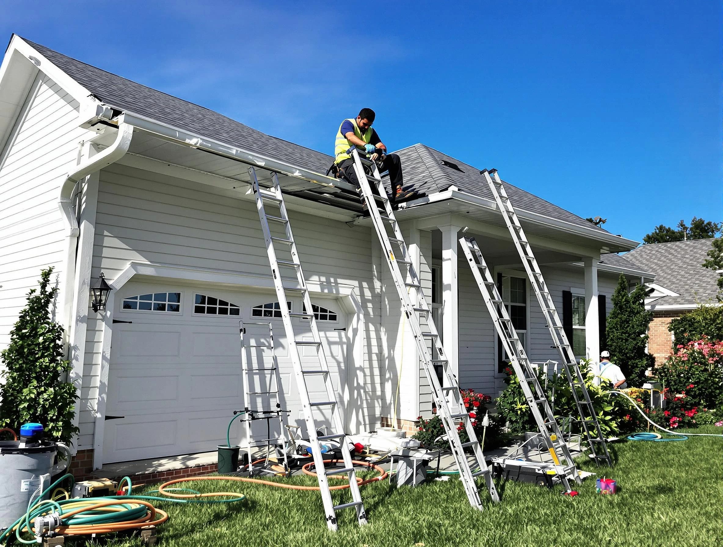 Removal of old gutters by Shaker Heights Roofing Company to install new system in Shaker Heights, OH