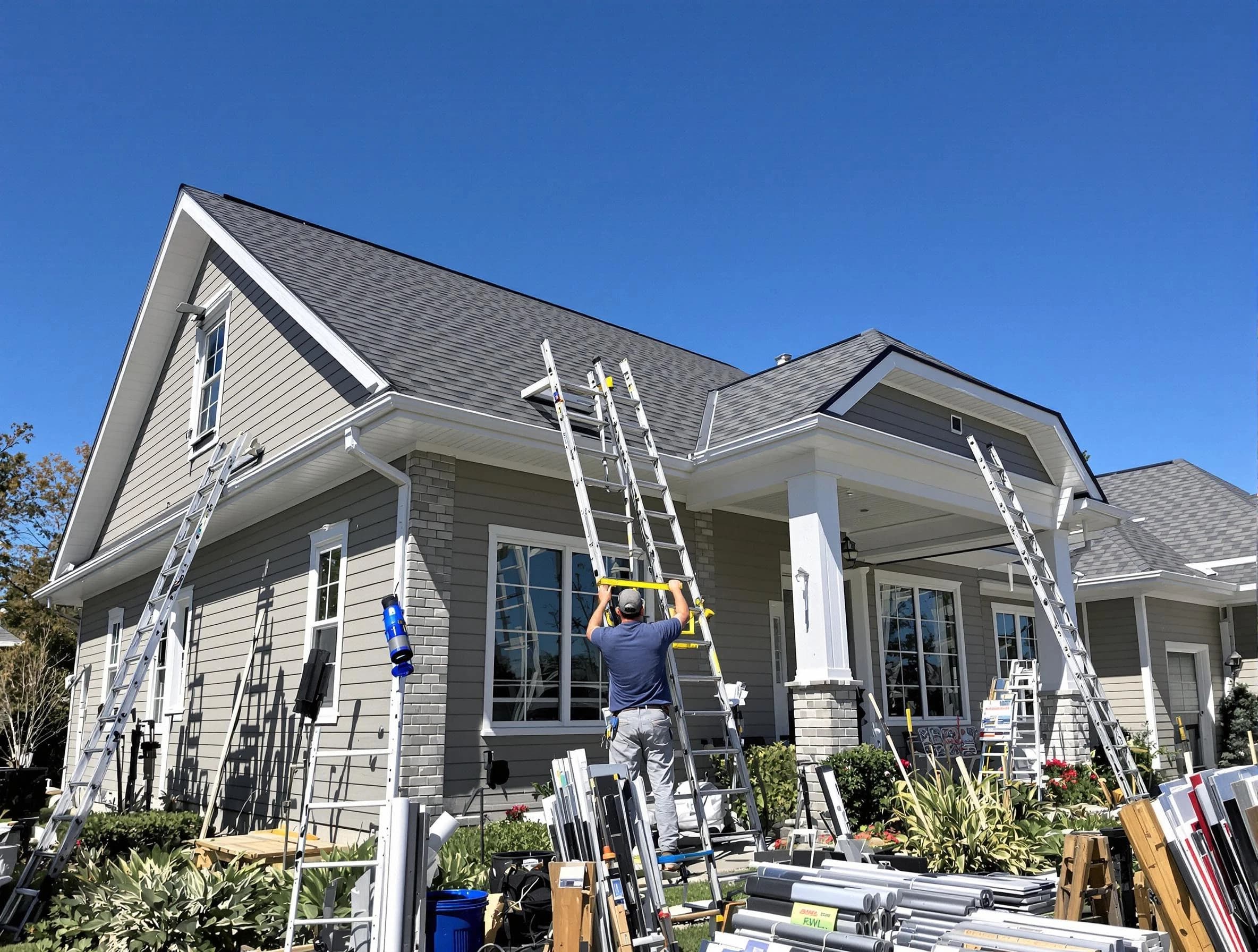 Shaker Heights Roofing Company fitting rain gutters at a home in Shaker Heights, OH