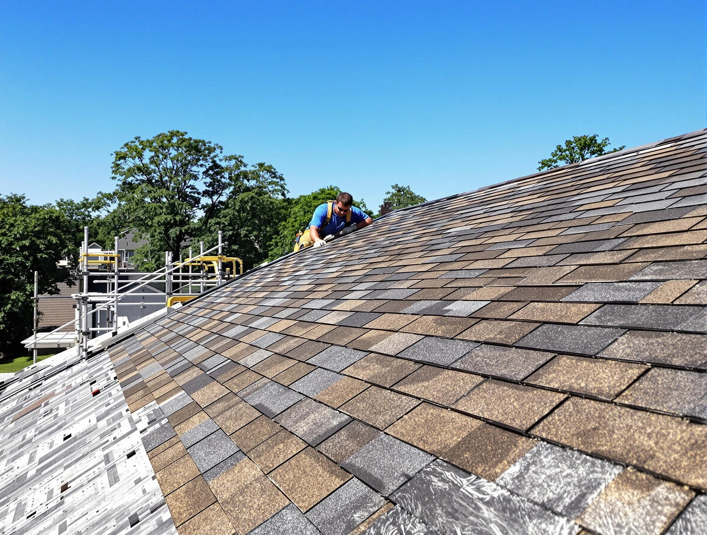 Close-up of new shingles installed by Shaker Heights Roofing Company in Shaker Heights, OH